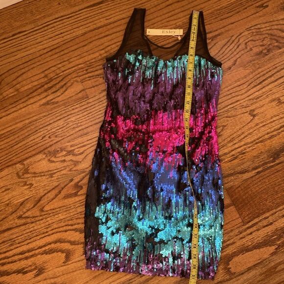 New Esley Multi Color Sequined Party Dress with Mesh Neckline Size S - Picture 11 of 11